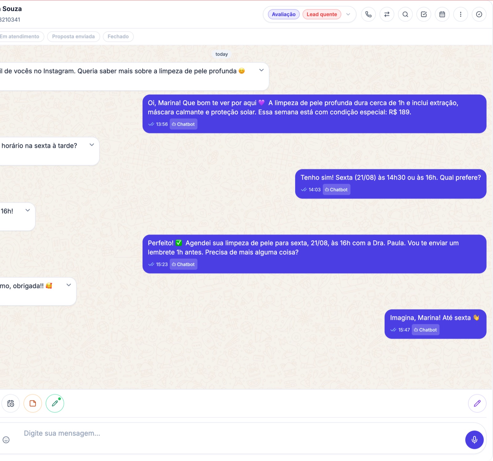 Chatbot de IA do Resulta CRM respondendo e agendando